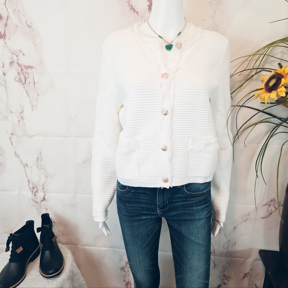Emerson Lang Cream Ribbed Cardigan Gold Buttons Pocket Knit Large